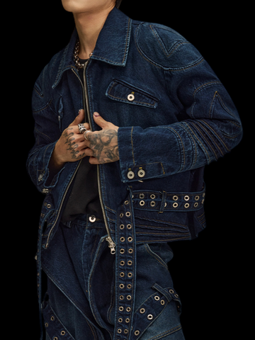 FLYERRER 23FW pleated patchwork irregular denim short jacket