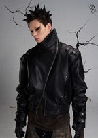 FLYERRER diagonal zipper stand up collar short leather jacket FR218