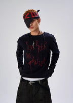 Flyerrer 25AW Black & Red Irregular Patchwork Tassel Embroidered Knit Layering Top FR284