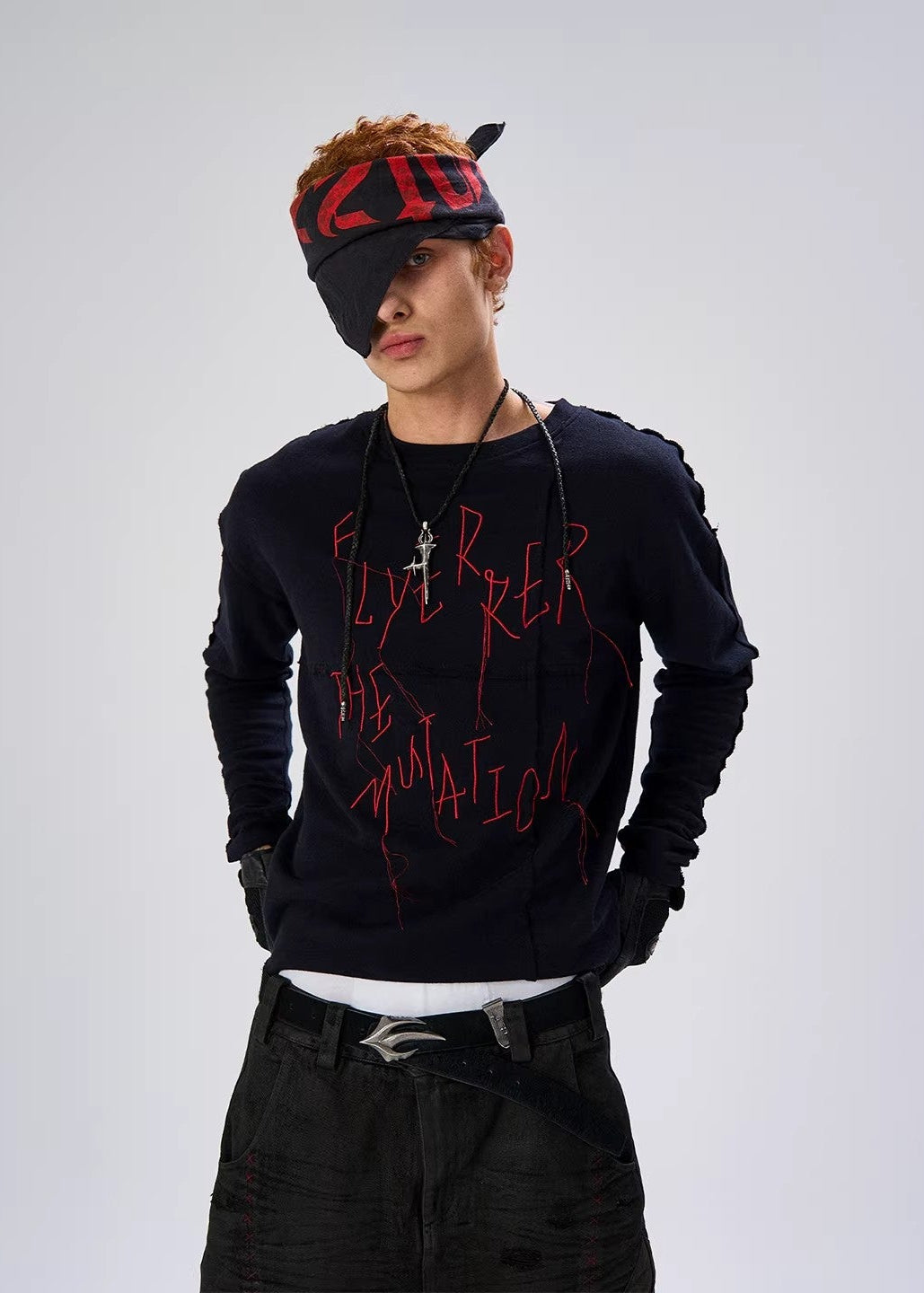 Flyerrer 25AW Black & Red Irregular Patchwork Tassel Embroidered Knit Layering Top FR284