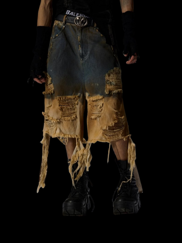 FLYERRER 24SS ripped deconstruction tassel denim shorts
