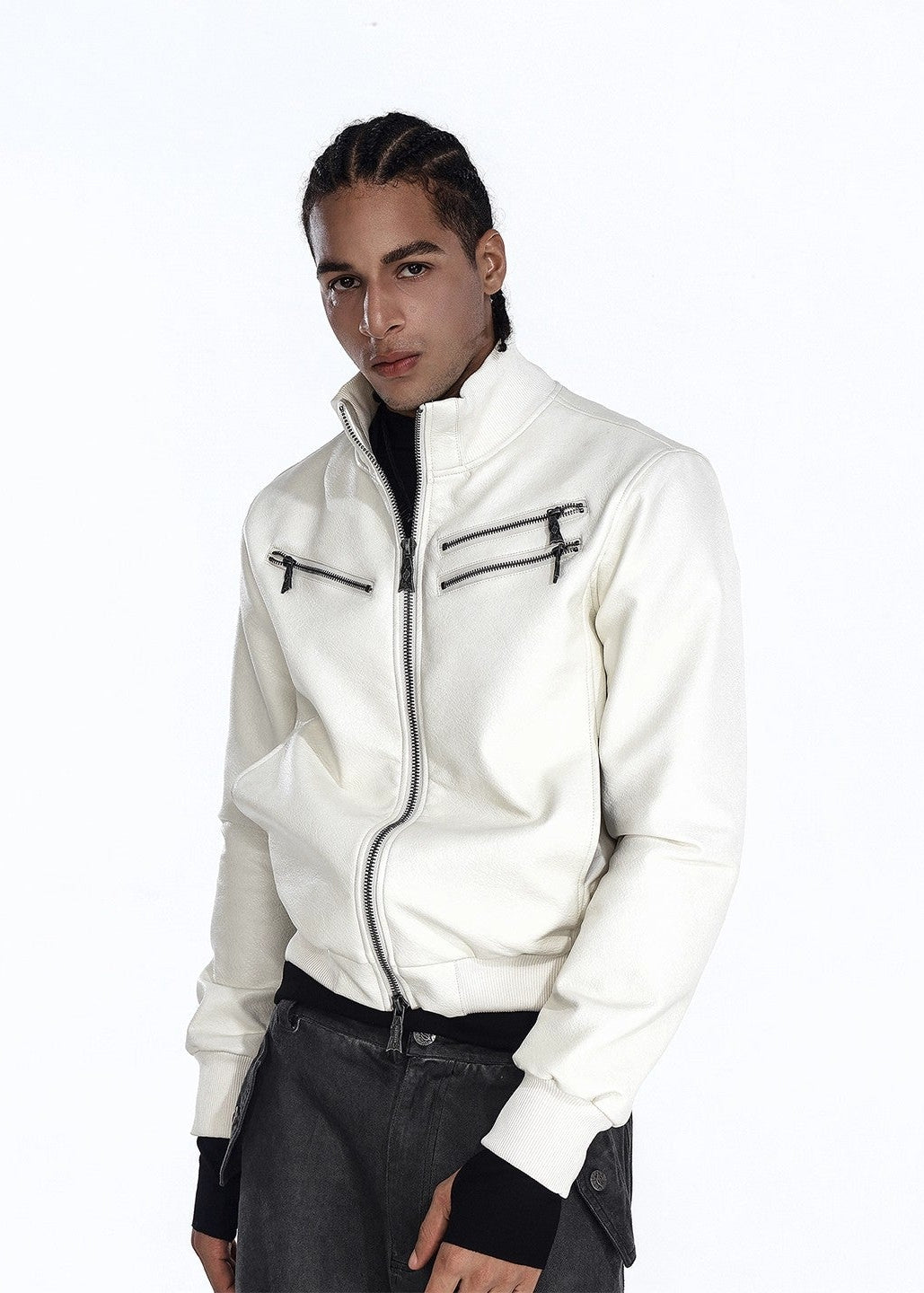 Flyerrer 25AW "Eye of Thorns" Short Leather Jacket with Black-White Contrast Embroidery FR303