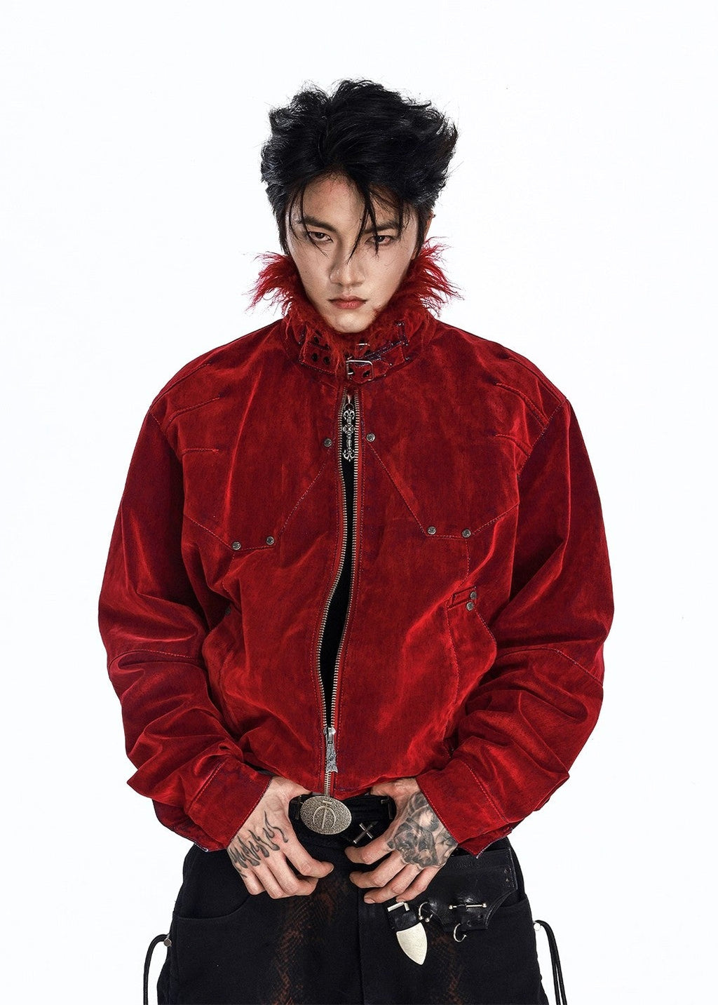 Flyerrer 25AW "Red Lips" American Vintage Distressed Denim Jacket w/ Patchwork Fur Collar FR314