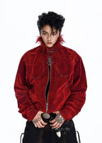 Flyerrer 25AW "Red Lips" American Vintage Distressed Denim Jacket w/ Patchwork Fur Collar FR314