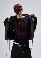 Flyerrer 25AW Black & Red Irregular Patchwork Tassel Embroidered Knit Layering Top FR284
