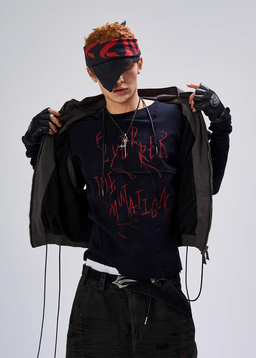 Flyerrer 25AW Black & Red Irregular Patchwork Tassel Embroidered Knit Layering Top FR284