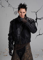 FLYERRER diagonal zipper stand up collar short leather jacket FR218