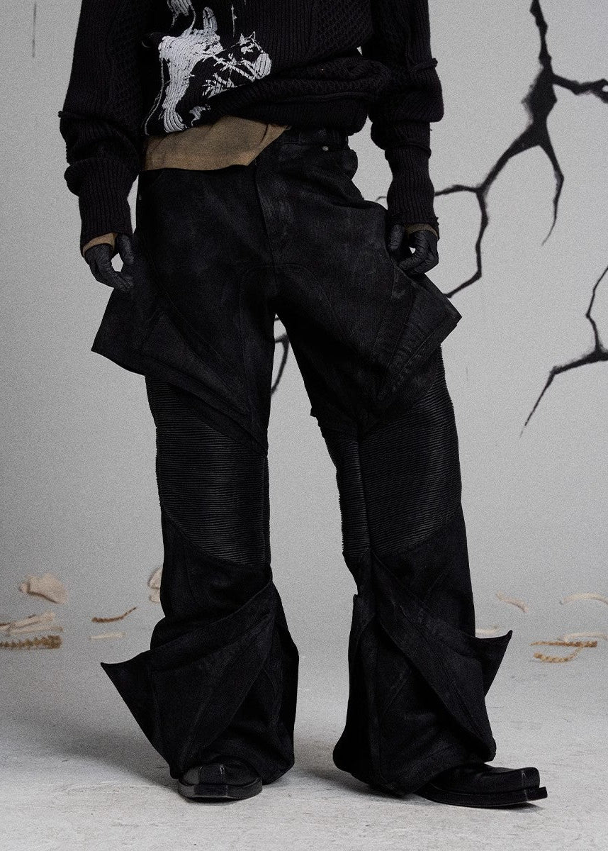 FLYERRER 24AW denim patchwork coated oil wax pants FR209