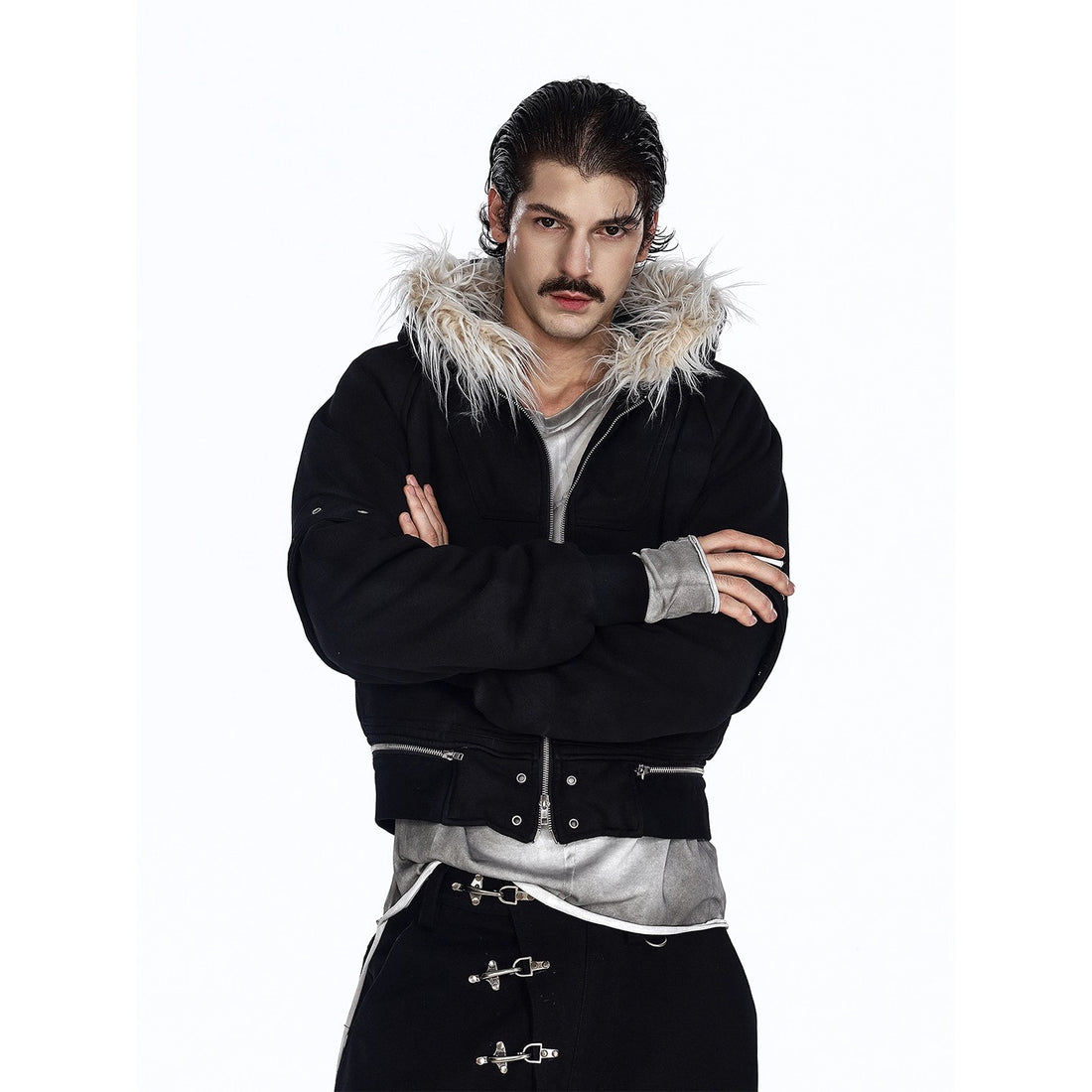 Flyerrer 25AW Asymmetric Distressed Short Hooded Cotton Jacket w/ Removable Fur Collar
