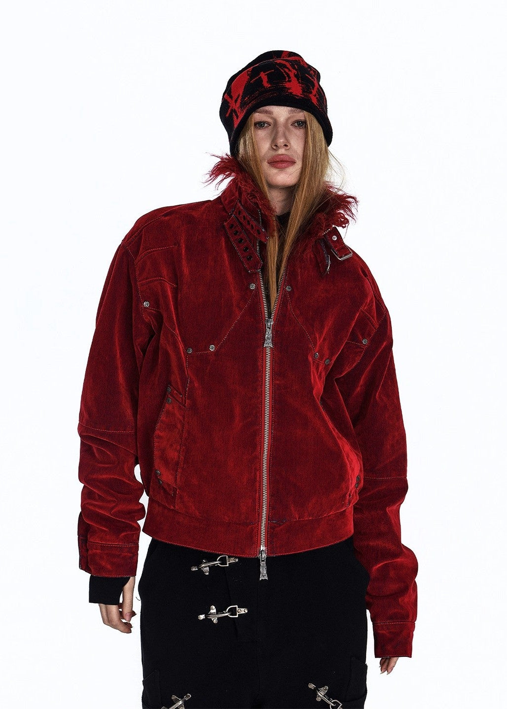 Flyerrer 25AW "Red Lips" American Vintage Distressed Denim Jacket w/ Patchwork Fur Collar FR314