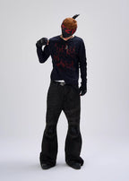 Flyerrer 25AW Black & Red Irregular Patchwork Tassel Embroidered Knit Layering Top FR284