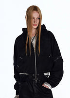 Flyerrer 25AW Asymmetric Distressed Short Hooded Cotton Jacket w/ Removable Fur Collar FR312