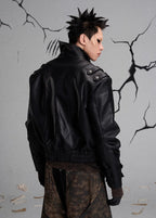 FLYERRER diagonal zipper stand up collar short leather jacket FR218