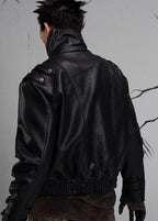 FLYERRER diagonal zipper stand up collar short leather jacket FR218