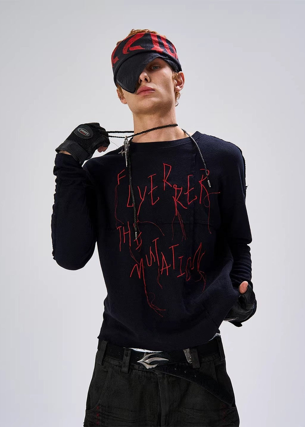 Flyerrer 25AW Black & Red Irregular Patchwork Tassel Embroidered Knit Layering Top FR284