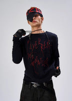 Flyerrer 25AW Black & Red Irregular Patchwork Tassel Embroidered Knit Layering Top FR284