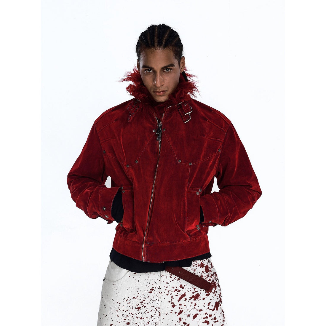 Flyerrer 25AW "Red Lips" American Vintage Distressed Denim Jacket w/ Patchwork Fur Collar