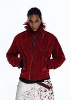 Flyerrer 25AW "Red Lips" American Vintage Distressed Denim Jacket w/ Patchwork Fur Collar FR314