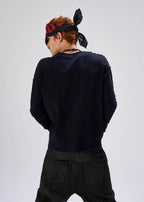 Flyerrer 25AW Black & Red Irregular Patchwork Tassel Embroidered Knit Layering Top FR284