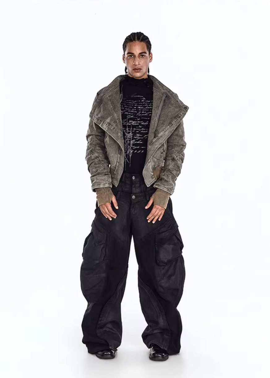 Flyerrer 25ss irregular wax brushed distressed curved jeans FR257