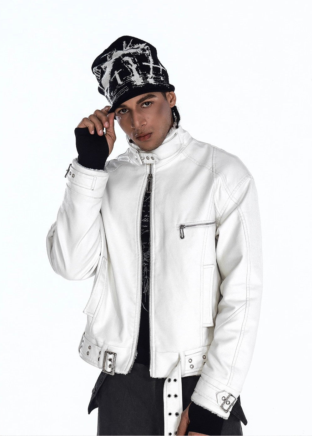 Flyerrer 25AW Niche Stiff Textured White Leather Jacket with Patchwork Fur Collar FR315