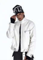 Flyerrer 25AW Niche Stiff Textured White Leather Jacket with Patchwork Fur Collar FR315