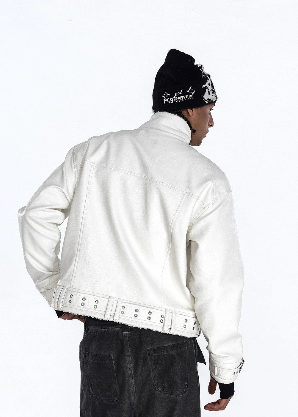 Flyerrer 25AW Niche Stiff Textured White Leather Jacket with Patchwork Fur Collar FR315
