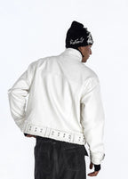 Flyerrer 25AW Niche Stiff Textured White Leather Jacket with Patchwork Fur Collar FR315