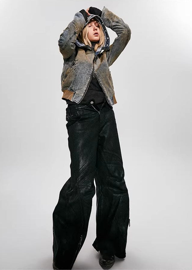 FLYERRER 25SS American Vintage Black Distressed Waxed Loose Curved Leg Jeans FR255