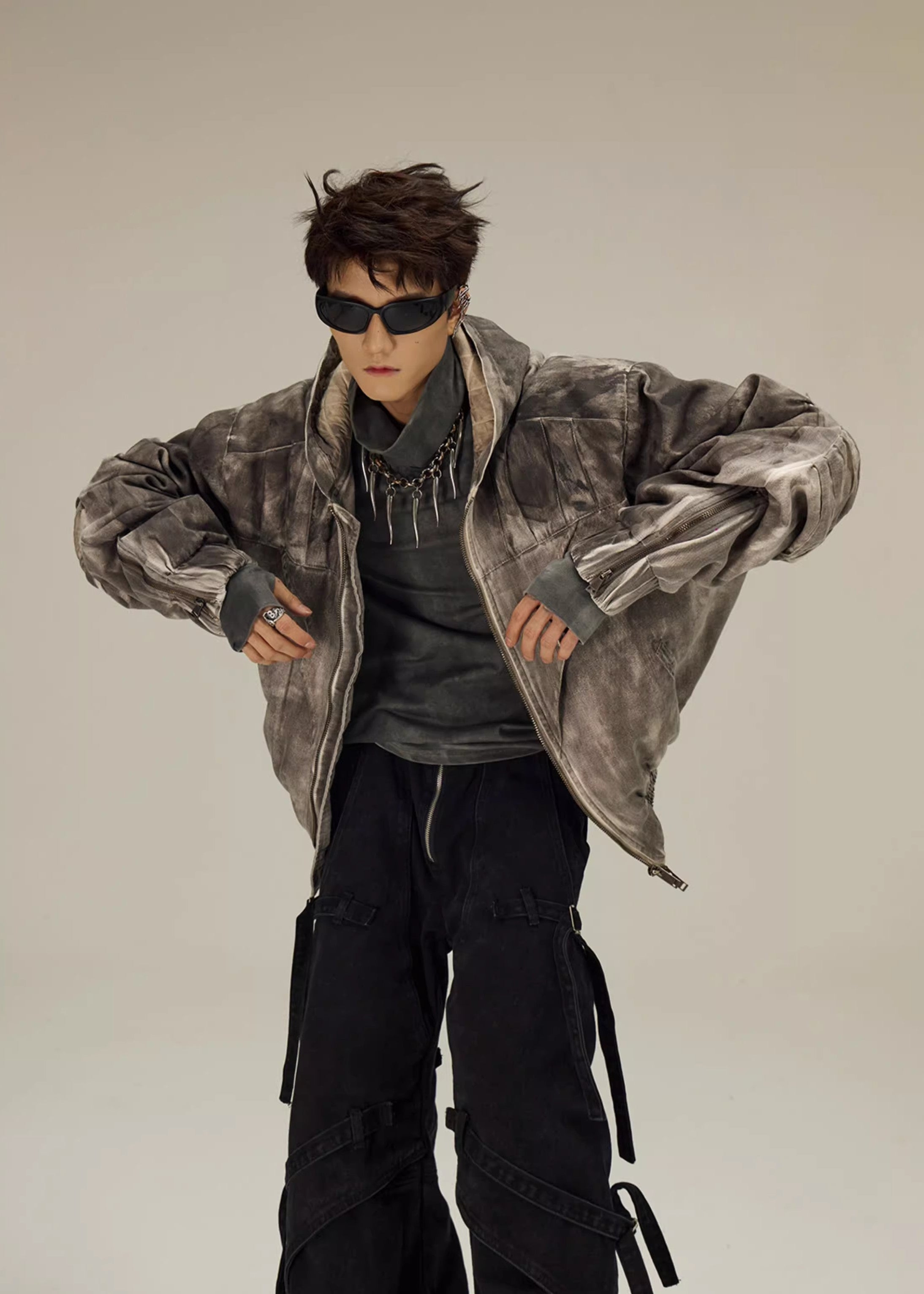 FLYERRER 23FW distressed mud dyed black silhouette jacket with cotton jacket FR078