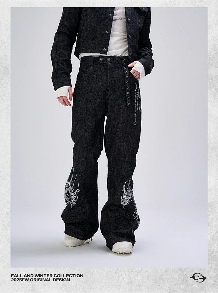 Flyerrer 25AW Concept-Designed Raw Denim Bootcut Jeans with Niche Print Accents