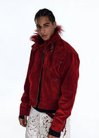 Flyerrer 25AW "Red Lips" American Vintage Distressed Denim Jacket w/ Patchwork Fur Collar FR314