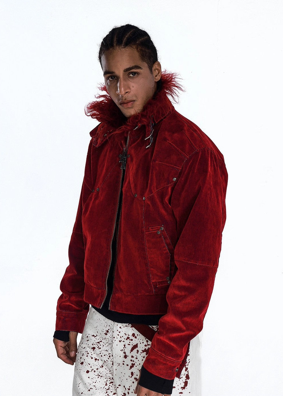 Flyerrer 25AW "Red Lips" American Vintage Distressed Denim Jacket w/ Patchwork Fur Collar FR314