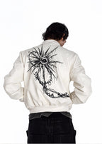 Flyerrer 25AW "Eye of Thorns" Short Leather Jacket with Black-White Contrast Embroidery FR303