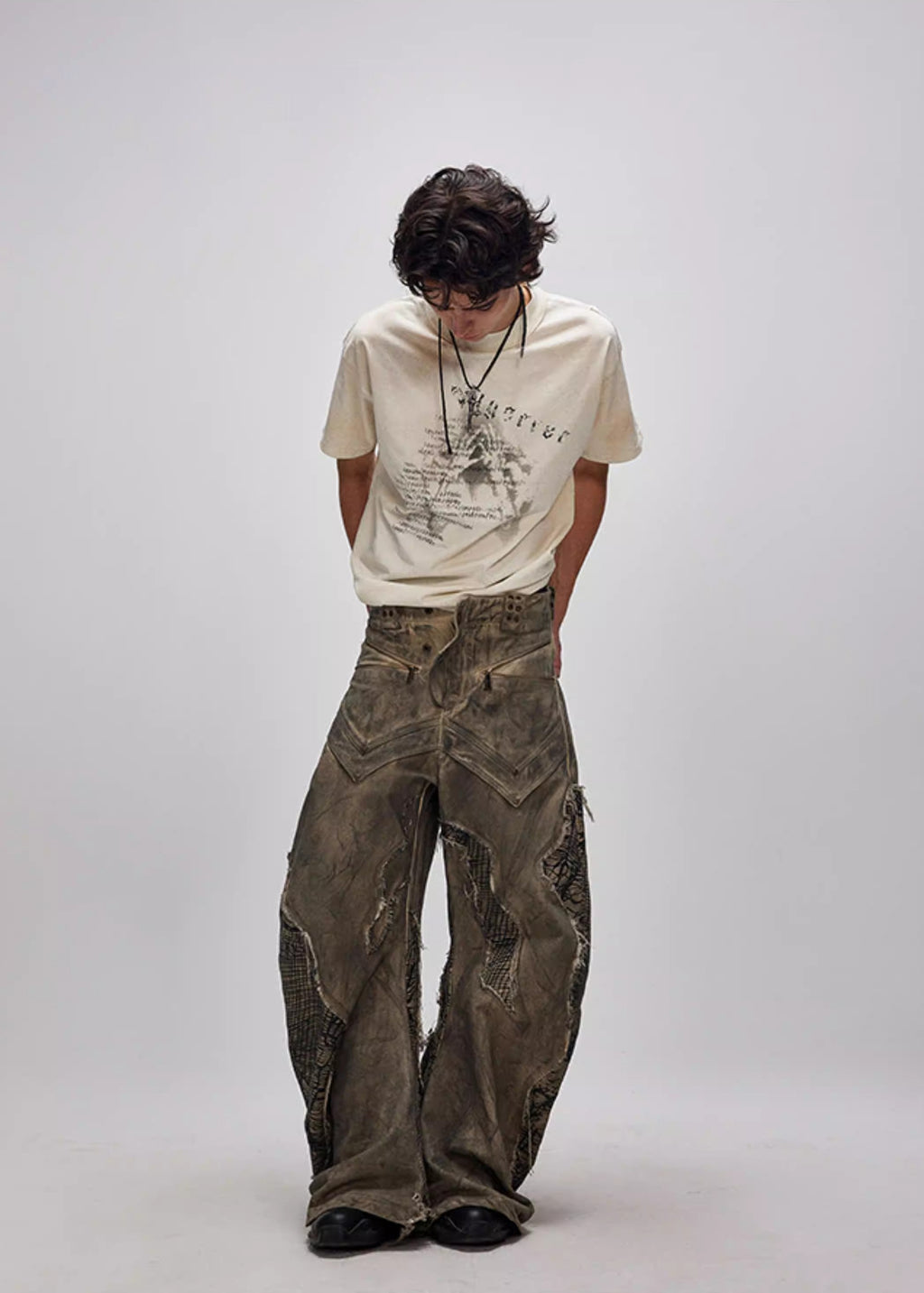 FLYERRER 24AW Original "Mutation" Series Irregular Ripped Patchwork Curved Leg Pants FR213