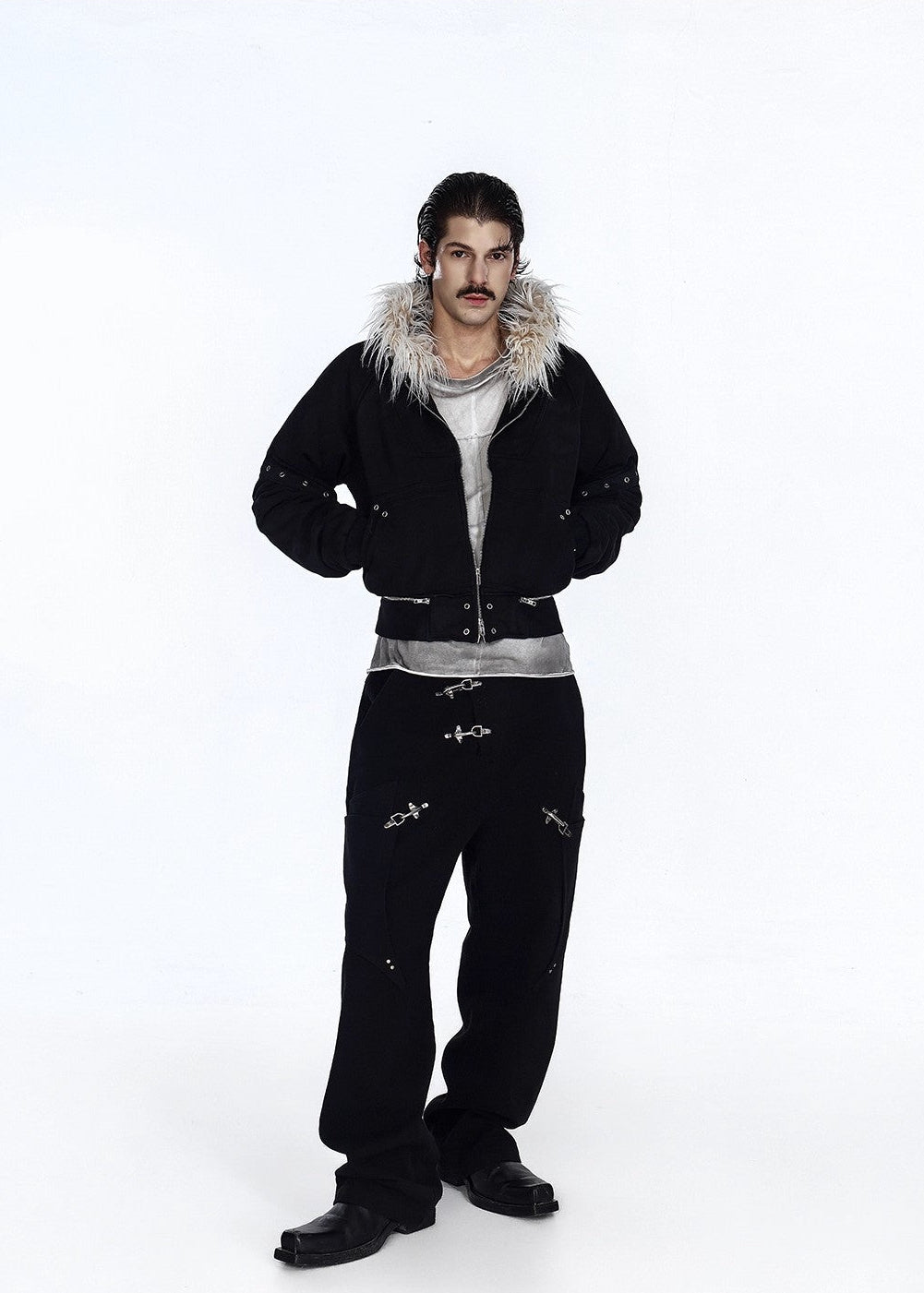 Flyerrer 25AW Asymmetric Distressed Short Hooded Cotton Jacket w/ Removable Fur Collar FR312