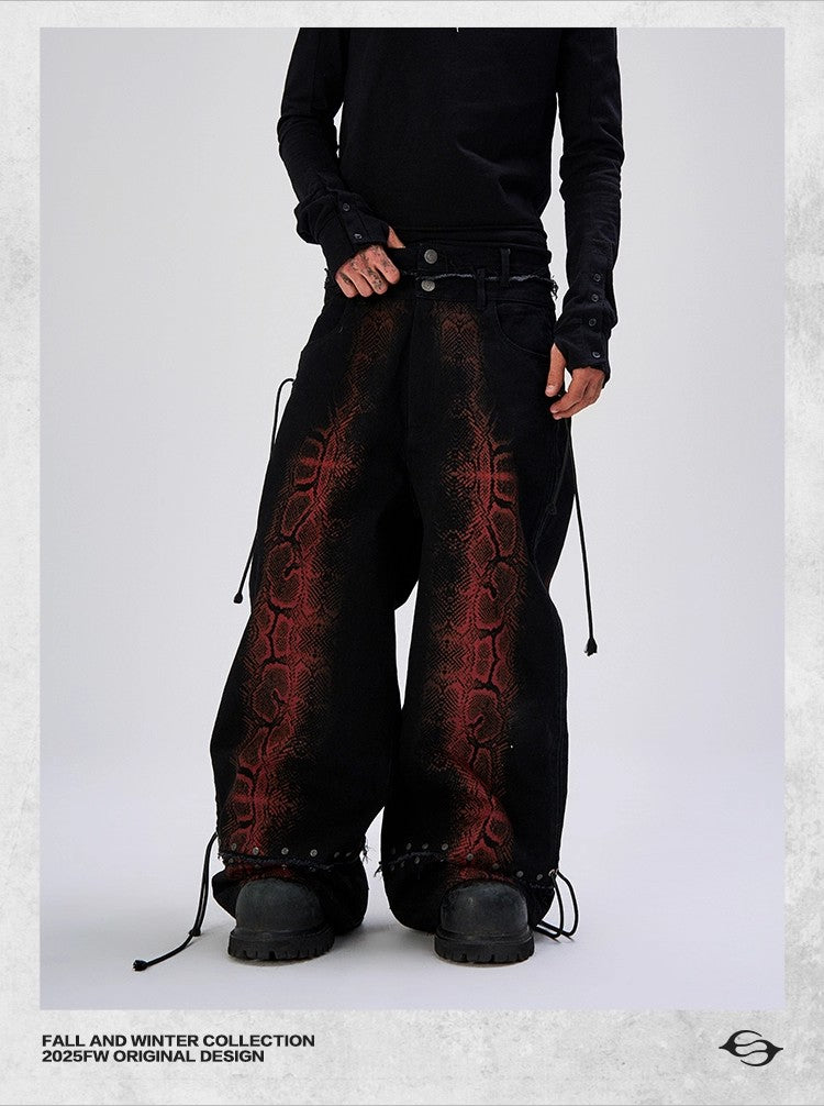 Flyerrer 25AW High-End Black & Red Snake Print Distressed Washed Loose-Fit Jeans