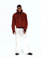 Flyerrer 25AW "Red Lips" American Vintage Distressed Denim Jacket w/ Patchwork Fur Collar FR314