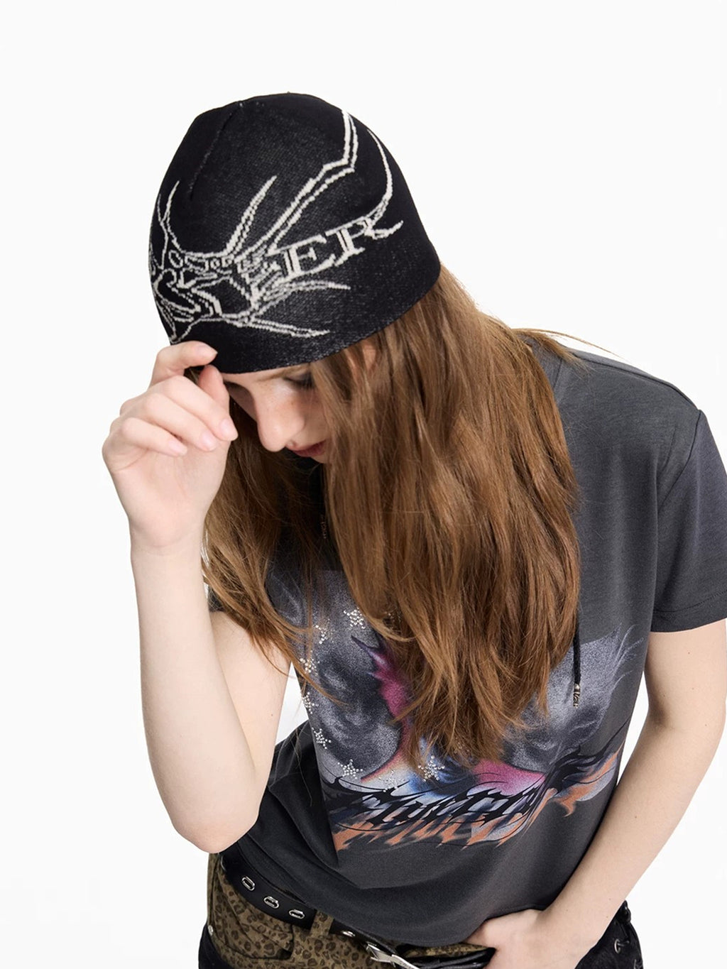 Flyerrer Organic Skeleton Gothic‑Script Ice‑Silk Skullcap, Breathable Dark‑Alt Street‑Beanie FR013'S