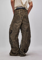 FLYERRER 24AW Original "Mutation" Series Irregular Ripped Patchwork Curved Leg Pants FR213