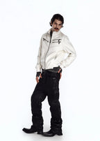 Flyerrer 25AW "Eye of Thorns" Short Leather Jacket with Black-White Contrast Embroidery FR303