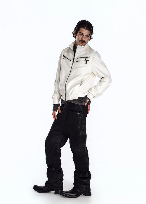 Flyerrer 25AW "Eye of Thorns" Short Leather Jacket with Black-White Contrast Embroidery FR303