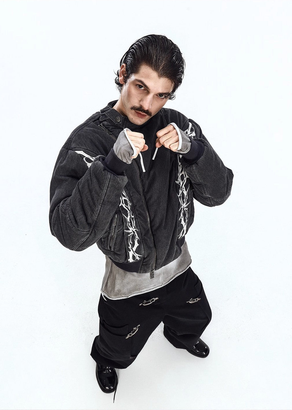 Flyerrer 25AW Oversized Vintage Distressed Rubber Paste Printed Cotton Jacket FR322