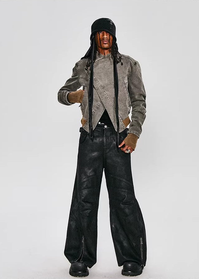 FLYERRER 25SS American Vintage Black Distressed Waxed Loose Curved Leg Jeans FR255