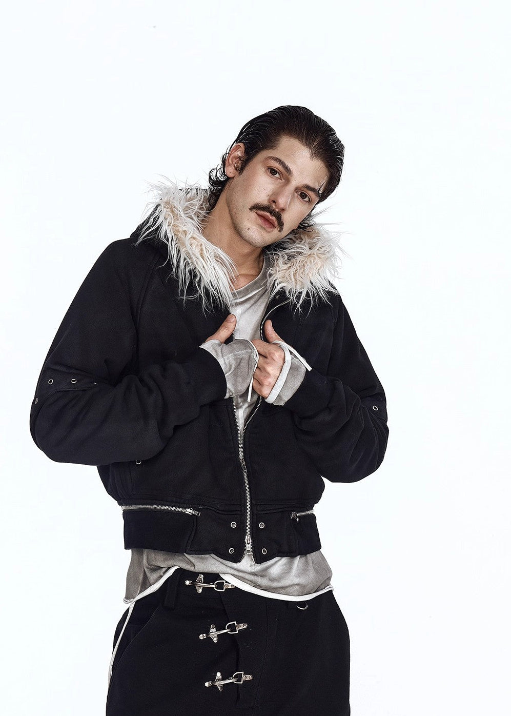 Flyerrer 25AW Asymmetric Distressed Short Hooded Cotton Jacket w/ Removable Fur Collar FR312