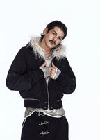 Flyerrer 25AW Asymmetric Distressed Short Hooded Cotton Jacket w/ Removable Fur Collar FR312