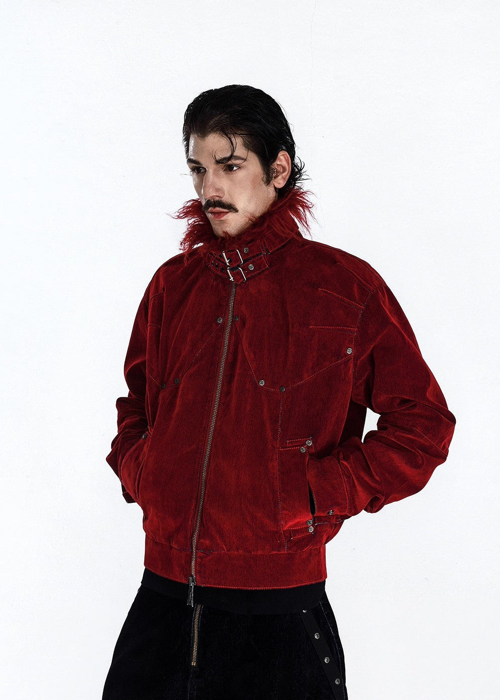 Flyerrer 25AW "Red Lips" American Vintage Distressed Denim Jacket w/ Patchwork Fur Collar FR314