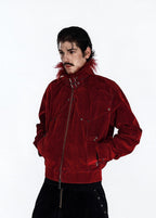 Flyerrer 25AW "Red Lips" American Vintage Distressed Denim Jacket w/ Patchwork Fur Collar FR314
