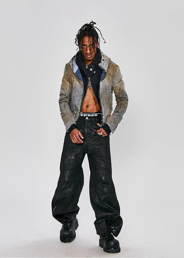 FLYERRER 25SS American Vintage Black Distressed Waxed Loose Curved Leg Jeans FR255