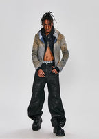 FLYERRER 25SS American Vintage Black Distressed Waxed Loose Curved Leg Jeans FR255